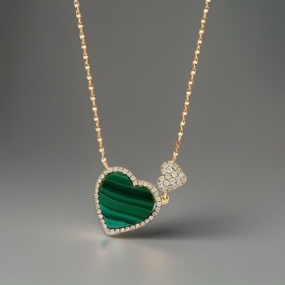 NEW! EFFY MALACHITE & DIAMOND DOUBLE HEART NECKLACE / Retail $2,350